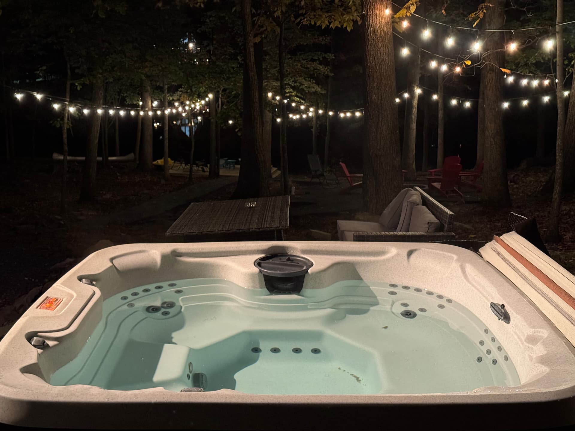 View of our newly landscaped yard from the hot tub